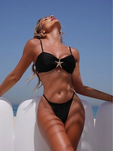 Women Bikini Swimsuit With Starfish Metal Buckle Bandeau Top And High Cut Bottoms Sexy Polyester Spandex Beachwear