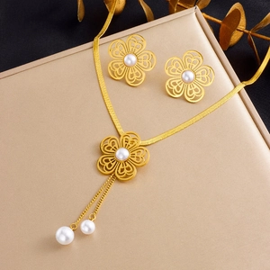 Stainless Steel Jewelry Necklace And Earrings Hollow Flower Artificial Pearl Tassel Snake Chain Gold Fashion Elegant For Women