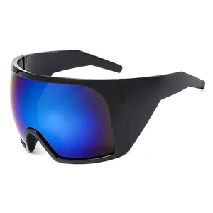 Wraparound oversized sports sunglasses with blue-purple gradient mirrored lenses and black frame