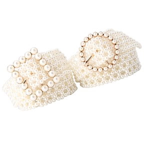 Elegant pearl waist chain belts with round and square metal buckles for women's dresses