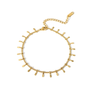 Detail of 18K gold-plated stainless steel bracelet with tiny rectangular tassel charms
