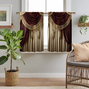 Detail of wine red kitchen curtains with golden embroidery and elegant tassel fringes
