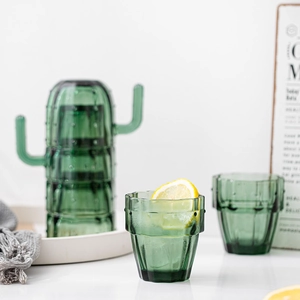 Stackable cactus-shaped dark green glassware set with six glass cups for home use