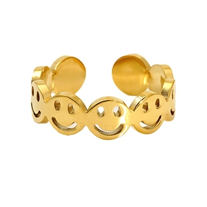 Polished 18K gold plated stainless steel open ring with hollow smiley face design