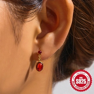 Elegant S925 sterling silver drop earrings with ruby red stone in vintage french style