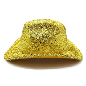 Close-up detail of the glittering gold sequins on a stylish Western cowboy party hat
