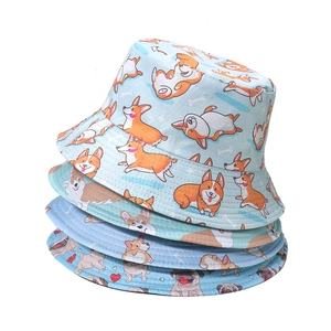 Cute Dog Corgi Print Bucket Hat Polyester Sun Protection Foldable Fisherman Cap Summer Outdoor Unisex
