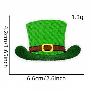 Detail showing green Irish leprechaun hat embroidery patch with exact dimensions