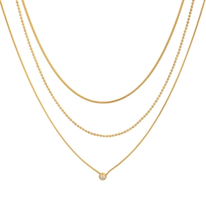 Three-layer 18K gold plated stainless steel necklace with zircon pendant and bead chains