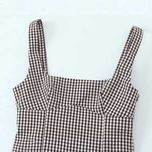 Women's brown gingham square neck sleeveless top with wide straps and side zipper detail