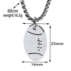 Detail showing 60cm stainless steel chain and 25mm silver rugby pendant dimensions