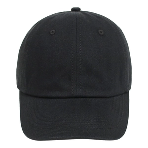 Close-up of black cotton twill baseball cap with six-panel structure and vent holes