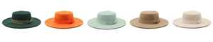 Detailed flat lay of wool felt boater hats in five elegant colors with matching ribbons