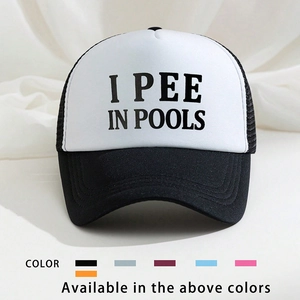 Funny I Pee In Pools Slogan Trucker Hat Breathable Mesh Baseball Cap For Outdoor Sun Protection Adjustable Curved Brim