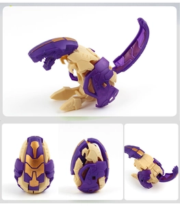 Detail showing the dinosaur robot transformation from egg mode in purple and beige tones