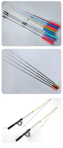 Close-up of DIY cat teaser wands showing colorful handles and fishing reel details