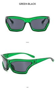 Front and side views of oversized green transparent sunglasses with dark lenses