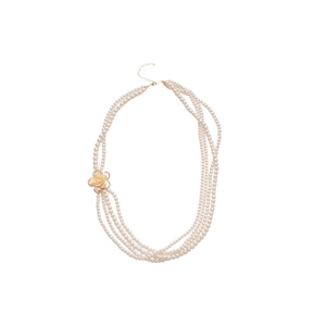 Elegant multi-layer pearl necklace featuring five strands and a delicate cream rose flower