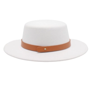 Detail of white wool felt boater hat featuring a brown leather strap and gold metal rivet