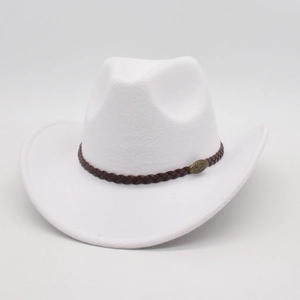 Detail of white felt cowboy hat featuring a braided leather band and bronze relief buckle