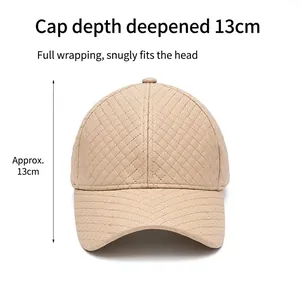 Light khaki quilted PU leather baseball cap with 13cm deep crown and curved brim