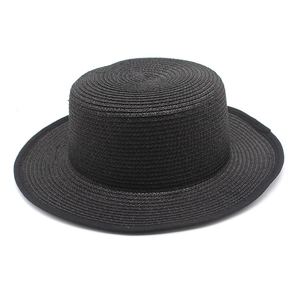 Classic black wide brim flat top straw boater hat with detailed woven texture for summer