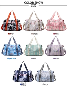 Detailed color display of multi-color travel bags with letter prints and sturdy handles