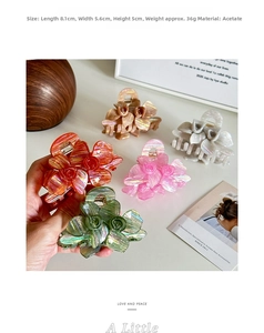 Detailed size view of five colors flower acetate hair claw clips 8.1cm x 5.6cm