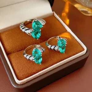 Vintage Green Zircon Geometric Triangle Copper Earrings And Ring Jewelry For Women Luxury Fashion Accessory