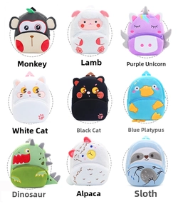 Grid view of nine colorful plush animal backpacks for kids featuring cartoon animal designs