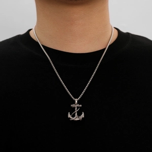 Hip hop silver anchor pendant necklace for men with box chain shown on male model