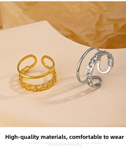 Detail of adjustable double-layer chain rings in gold and silver stainless steel finish