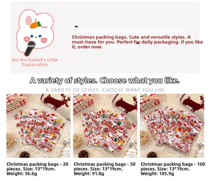 Detailed view of Christmas gift bags featuring Santa and reindeer motifs in 13x19cm size