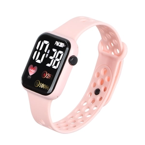 Detail of pink LED sports watch showing heart rate, calories, and step tracking metrics