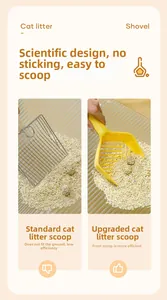 Detail showing the gradient front shovel design of yellow plastic cat litter scoop compared to wire scoop