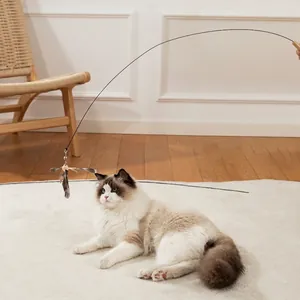 Extra long flexible cat teaser wand with natural feathers and steel wire bell toy