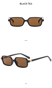 Front and side views of rectangular sunglasses with black frames and tea-tinted lenses