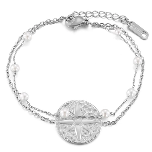 Double-layer stainless steel star pendant bracelet with white beads and silver finish