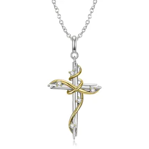 Cross Pendant Necklace 925 Sterling Silver Gold Plated Two Tone Ribbon Wrap Cubic Zirconia Religious Fashion Jewelry For Women