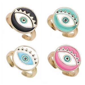 Evil Eye Open Ring Gold Plated Copper Enamel Round Disc Adjustable Ethnic Bohemian Style Fashion Jewelry For Women