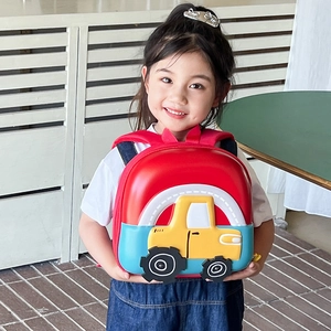 3D hard shell cartoon car backpack for kids with adjustable red straps and EVA material