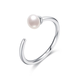 Minimalist s925 sterling silver open ring featuring a single natural white pearl on white background