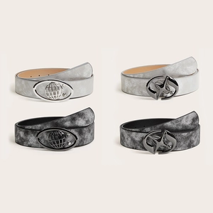 Set of four vintage black belts with silver and dark grey oval buckles in four-grid view
