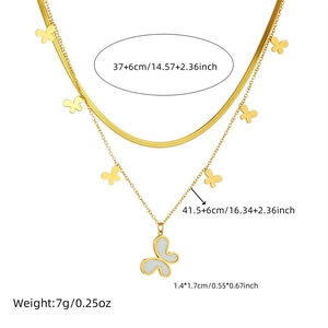 Double-layered stainless steel necklace with gold butterfly pendant and shell inlay