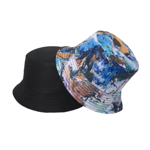 Colorful abstract oil paint tie-dye bucket hat and solid black cotton fisherman cap set