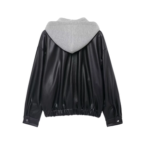 Women's faux leather hooded jacket in black with grey jersey hood, back view flat lay