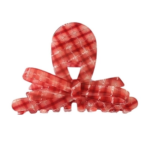 Elegant red plaid acetate hair claw clip with bow design for French style updo hair styling
