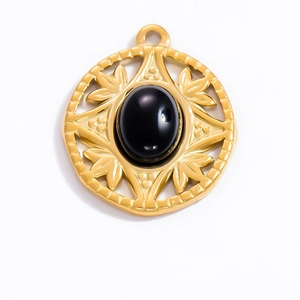 Vintage 18k gold stainless steel circular pendant with natural black obsidian stone