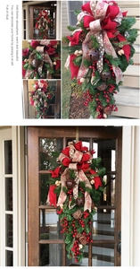 Detail of Christmas teardrop swag with red bow, berries, pine cones and Jingle Bells ribbon