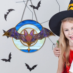 Detail of purple bat acrylic hanger with metal chain for Halloween window decoration